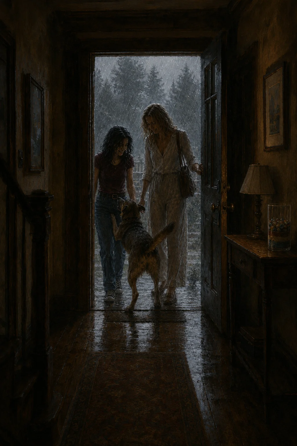 Two women and a dog standing in a doorway during a rainstorm, seen from outside looking in.