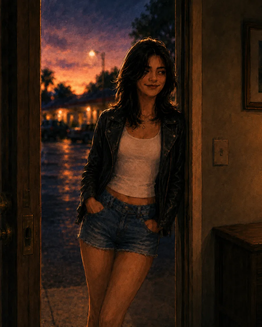 Mia in a leather jacket and denim shorts, leaning in a motel doorway at dusk.